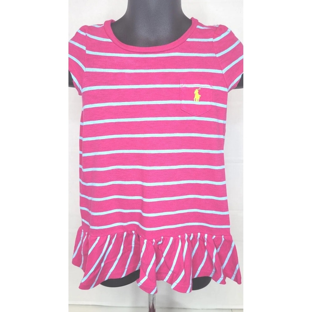 GIRL'S 12 MTHS RALPH LAUREN POLO Bright PINK BLUE STRIPED SS TENNIS DRESS POCKET - Picture 2 of 5
